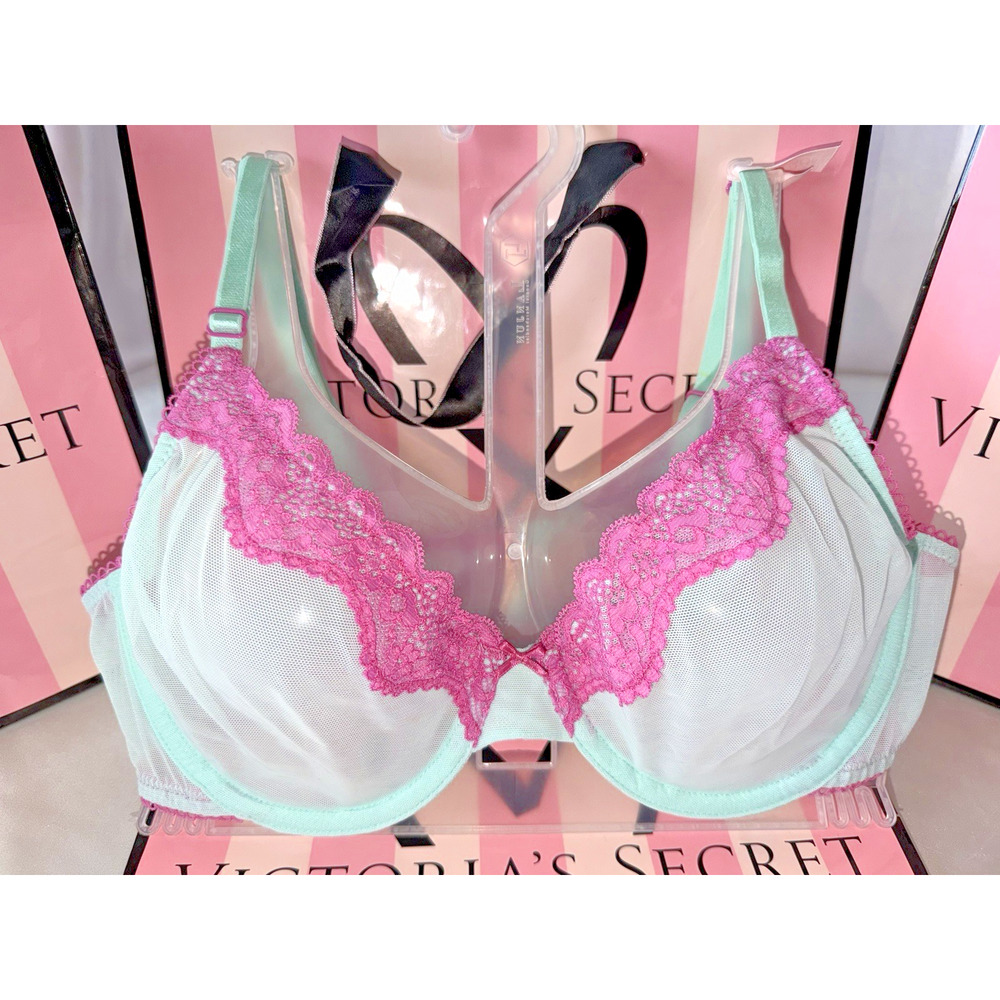 Victoria's Secret Bra Unlined Tease 36B Teal & Pink Lace